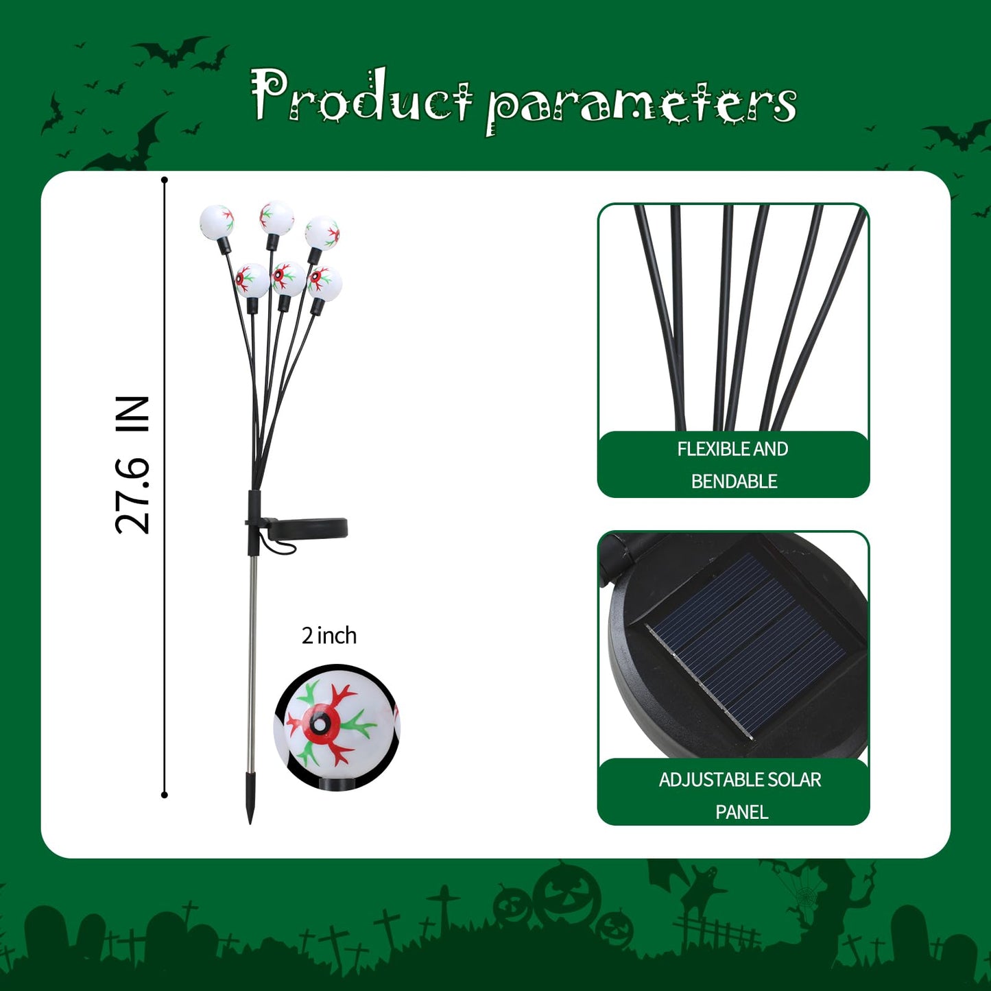 MOUOUSO Solar Halloween Lights,2 Pack Outdoor Halloween Decorations Lights, 12LED Green Eyeball Swaying Lamps for Garden Decor, Yard, Lawn, Party Decorations