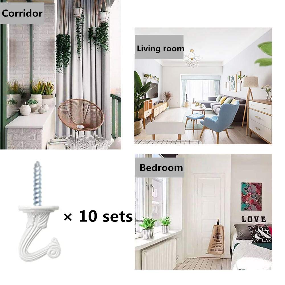 LIFEUNITE 10 Sets Metal Ceiling Hooks, White Heavy Duty Ceiling Hanging Hooks for Plant, Basket and Canopy