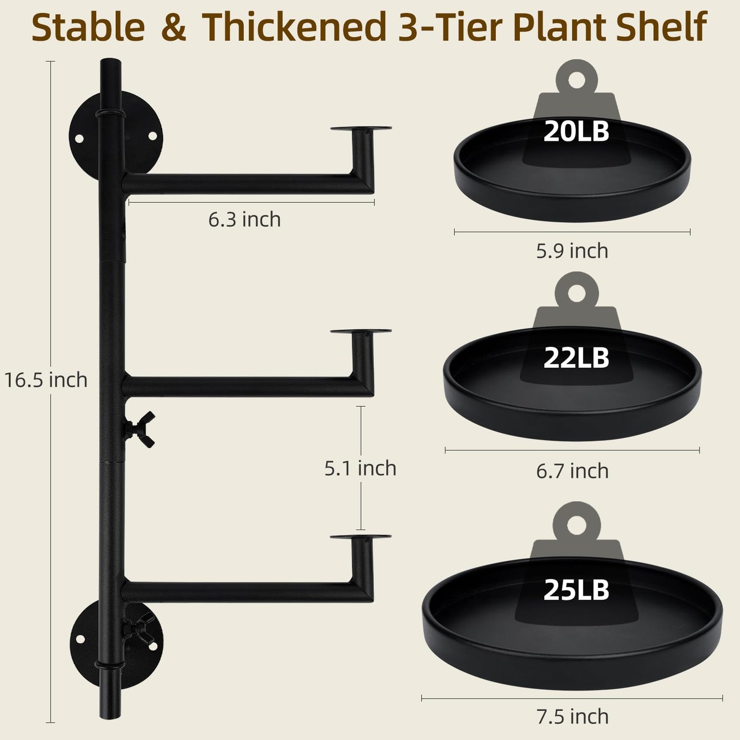 FAMIFAVOR Rotating Window Plant Shelves with Adjustable Knobs, 3 Tiers Metal Wall Shelf for Plants Indoor, Sturdy Hanging Plant Holder, Window Wall Decor & Gardening Gifts (Black)