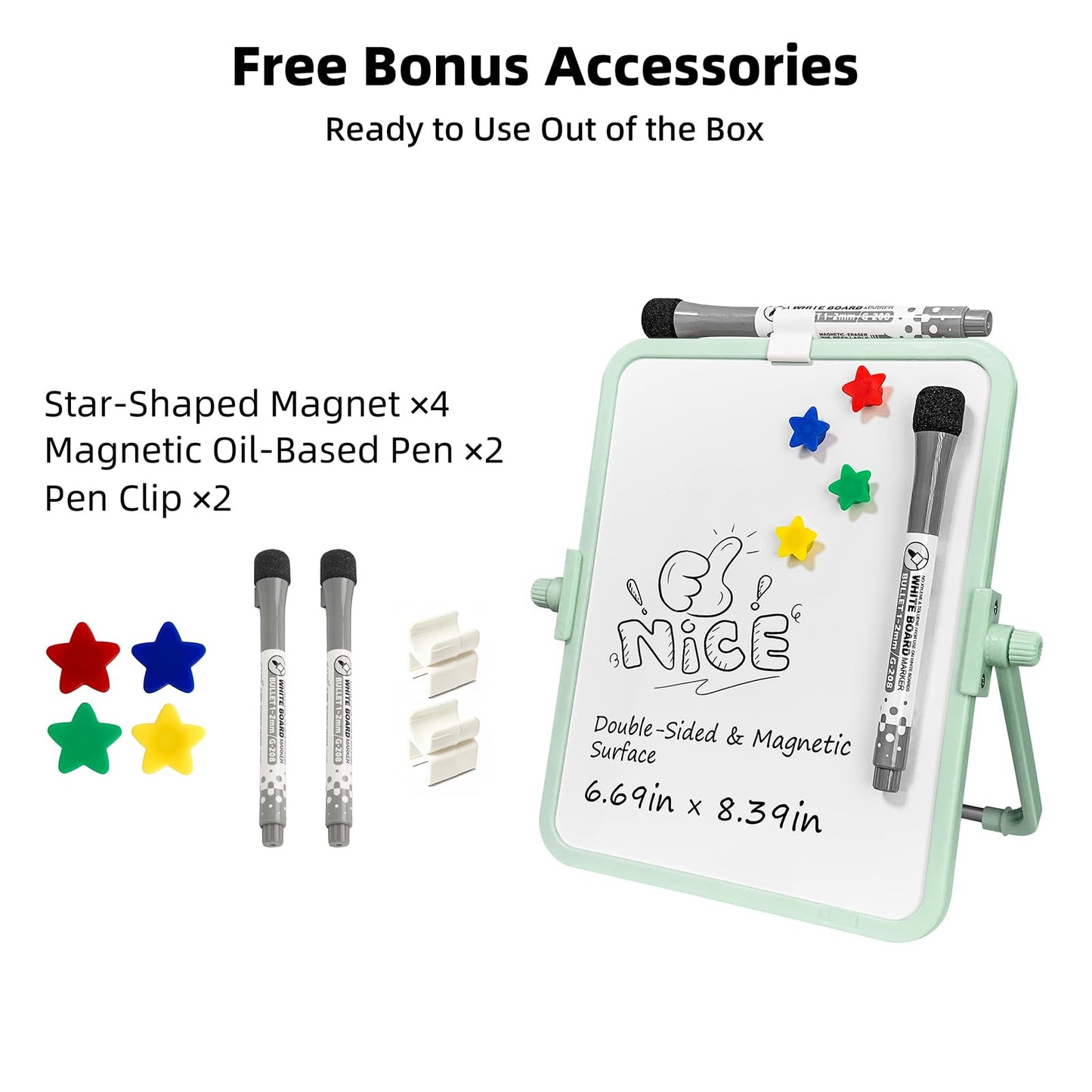 FUNISKETCH Magnetic Dry Erase Whiteboard, 6.7x8.4 Inch Double-Sided Desktop Easel with Stand, 2 Eraser Head Markers & 4 Magnets, Portable White Board for Planning, Memo, Office, Home, School(Green)