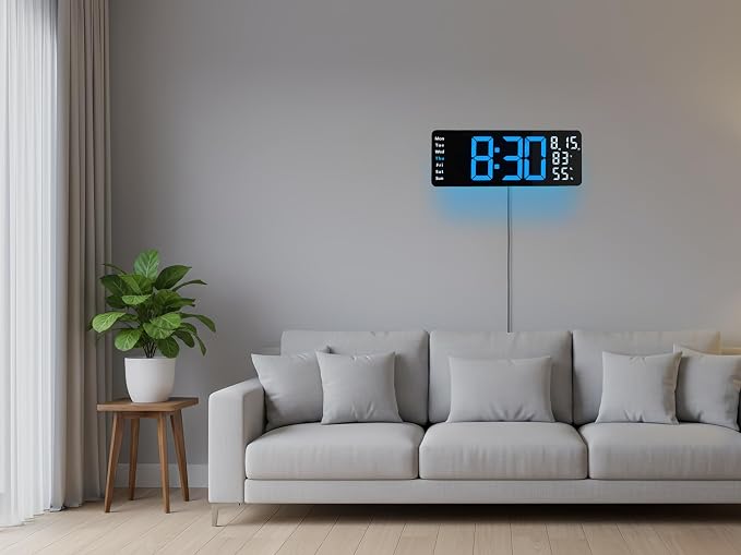 17.5 Inch Blue LED Digital Wall Clock with 8 Ambient Light Colors|Displays Time,Date,Day,Temperature&Humidity,Dual Alarms,Countdown&Stopwatch,DST,10-Level Auto/Manual Brightness|Modern Silent Clock