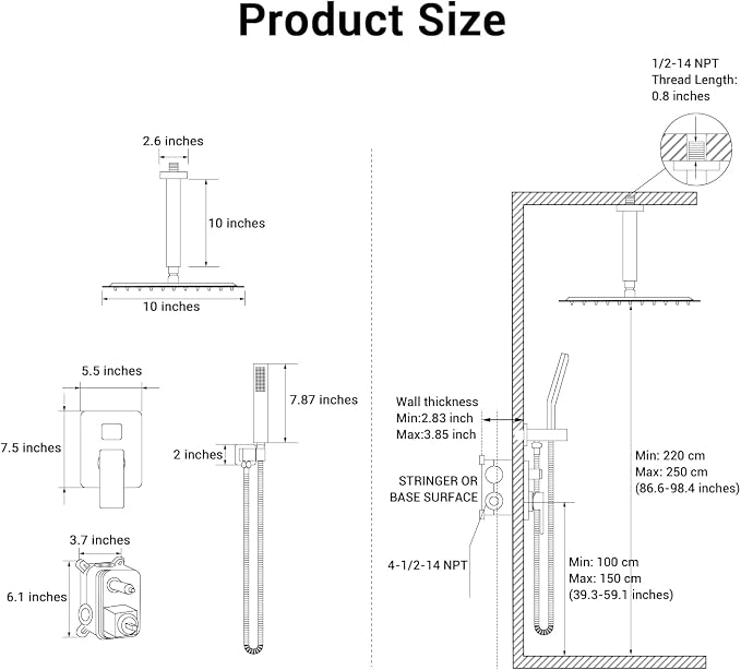 10" Square Ceiling Rain Shower Faucet Set,Matte Black | Anti-scald cartridge, air tech boosts pressure 30%, dual spray, NPT 1/2