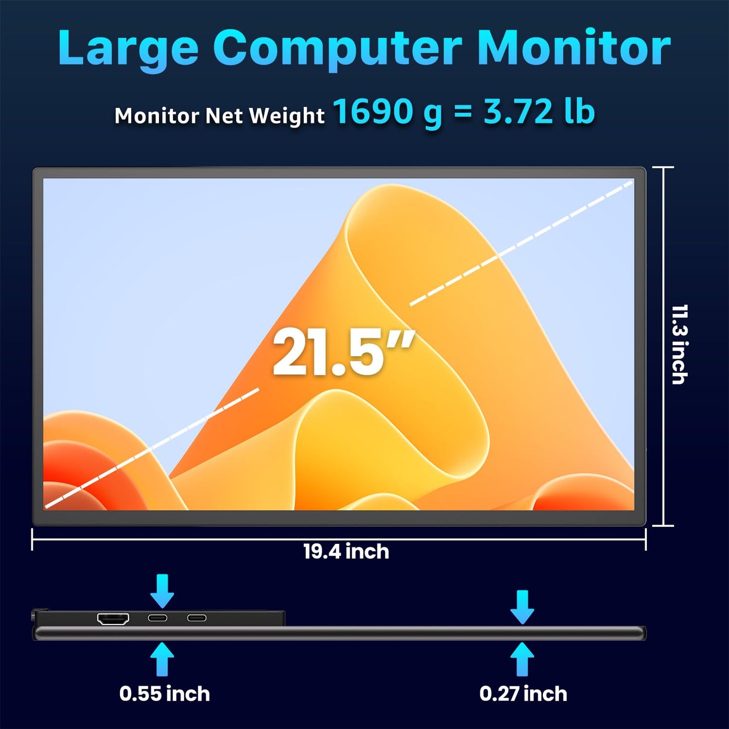 Upperizon Portable Monitor 21.5 inch FHD 110% sRGB 120Hz IPS HDR HDMI USB-C Travel Monitor for Laptop MacBook PC Surface PS5 Xbox, Large External Display with Kickstand & Speakers, VESA Compatible