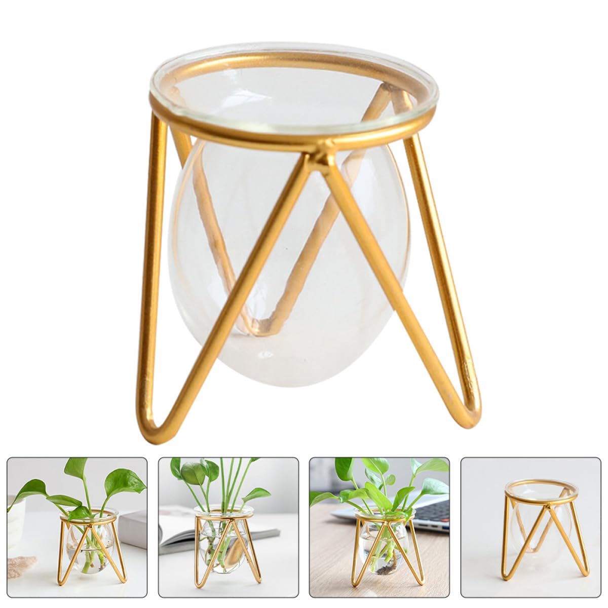 Zerodeko Glass Flower Vase with Metal Stand, Short Gold Hydroponic Plant Holder for Desktop Terrarium and Propagation, Glass Plant Pot for Home and Office Décor