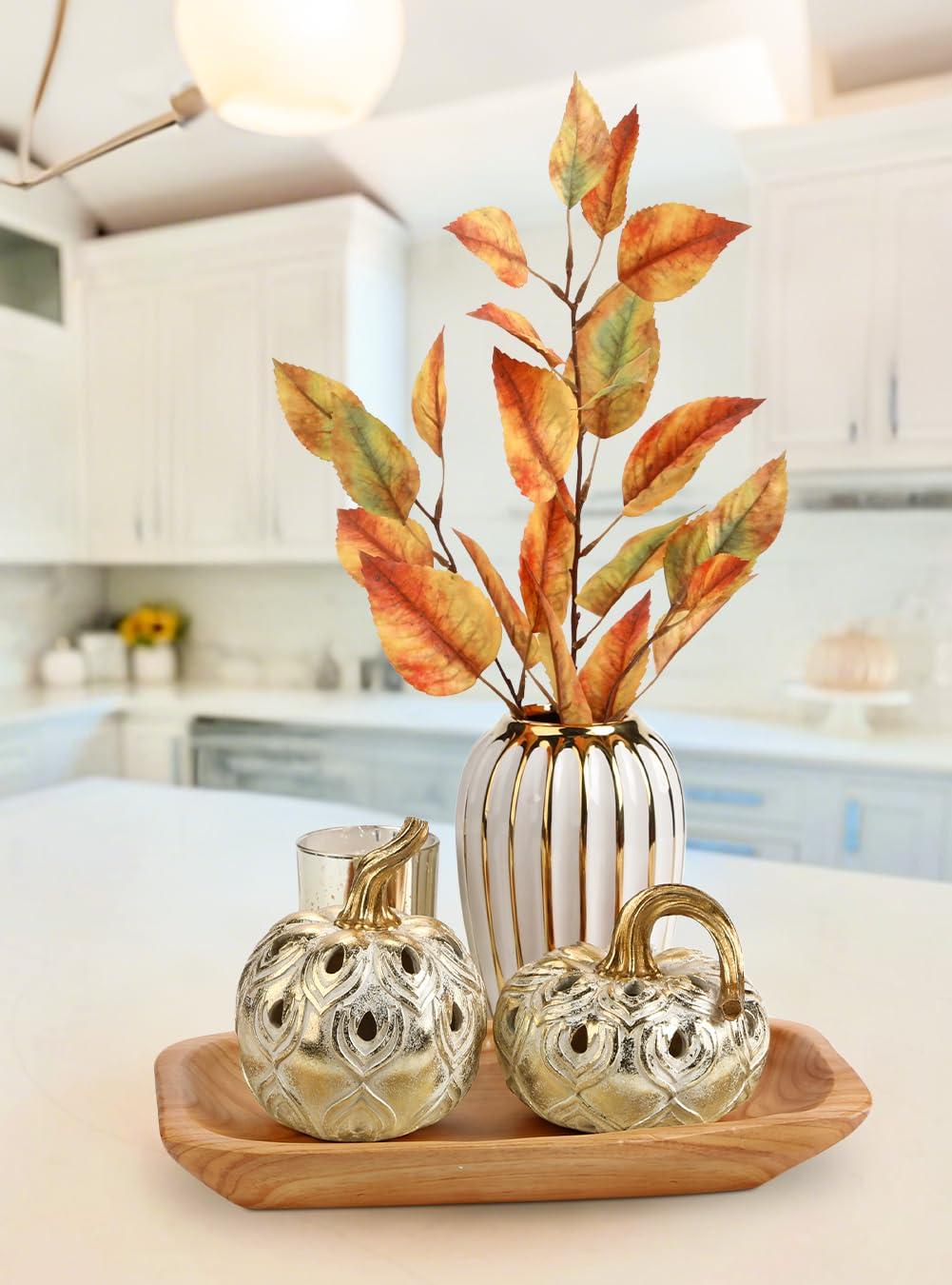 Hollyone Fall Pumpkin Decor 2 PCS Champagne Gold Resin Pumpkins Figurines Fake Pumpkins Faux Pumpkins Rustic Farmhouse Centerpiece for Thanksgiving Harvest Halloween Autumn Fall Decorations for Home