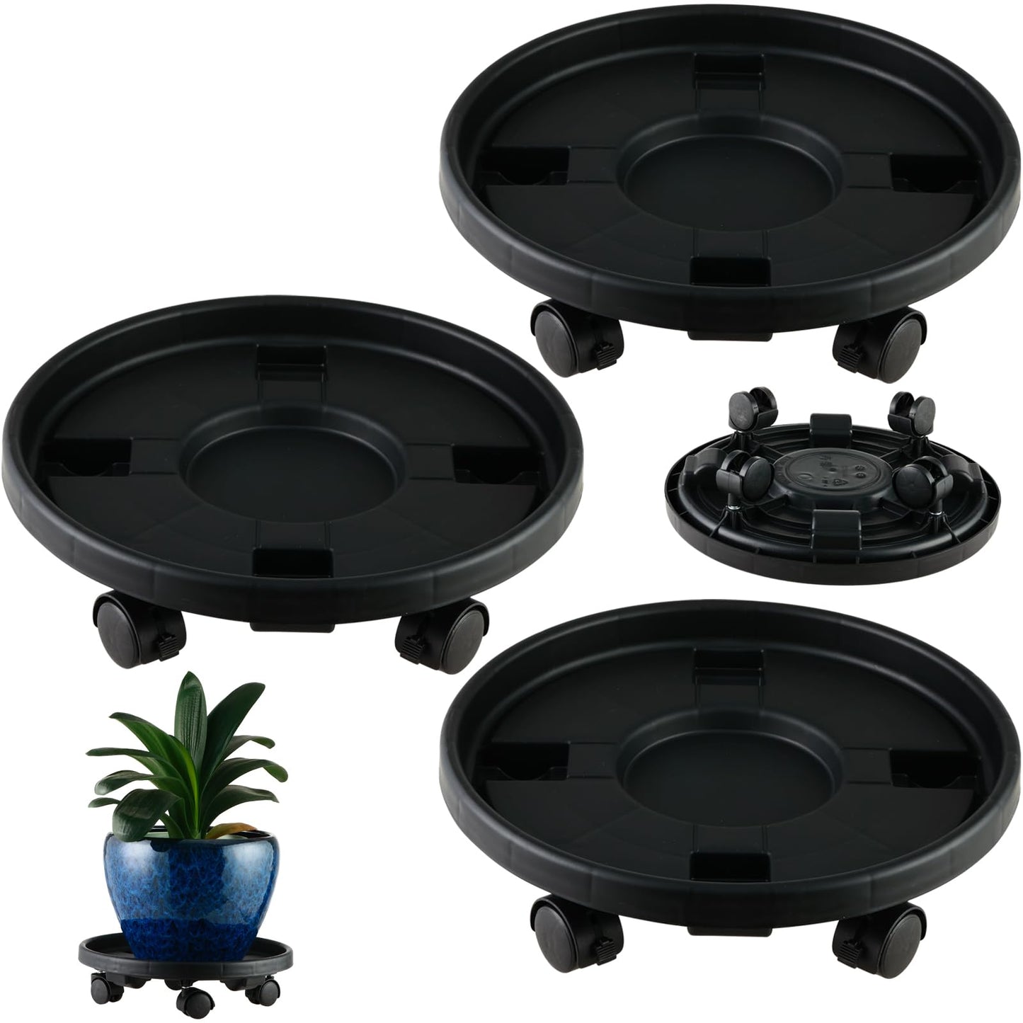3 Pakcs Large Plant Caddy with Wheels 15.8" Rolling Plant Stands Heavy-duty Plastic Plant Roller Base Pot Movers Plant Saucer on Wheels Indoor Outdoor Plant Dolly with Caster Tray Coaster, Black