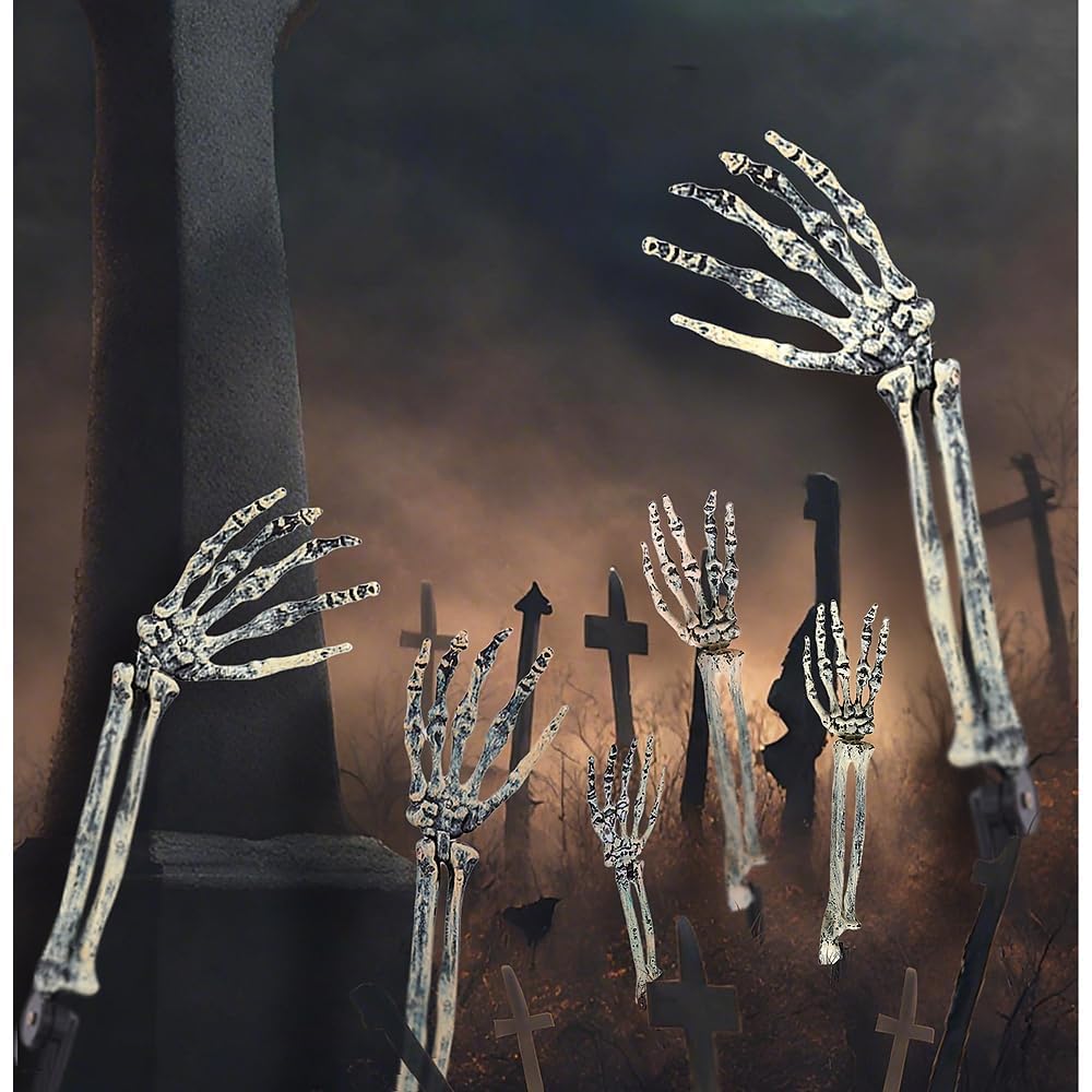 JIEFULL Halloween Skeleton Hands Stakes for Yard, Plastic Realistic Zombie Ghost Scary Arm Stake for Outdoor Lawn Props Party Decorations(2 Pairs)