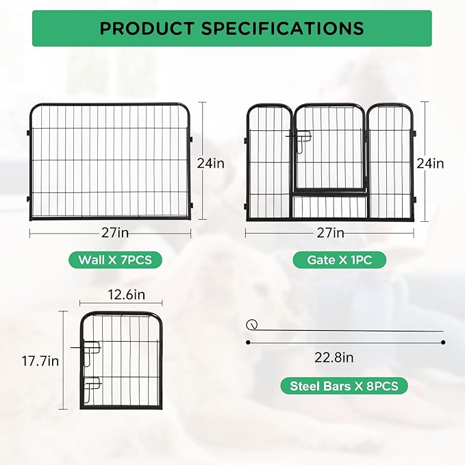 BestPet | Dog Playpen | 24 Inch, 8 Panels | Heavy Duty Metal Pet Exercise Pen | Indoor Outdoor Fence Panels | Rust-Resistant, Removable, Tool-Free Setup | Anti-Skid, Expandable Design
