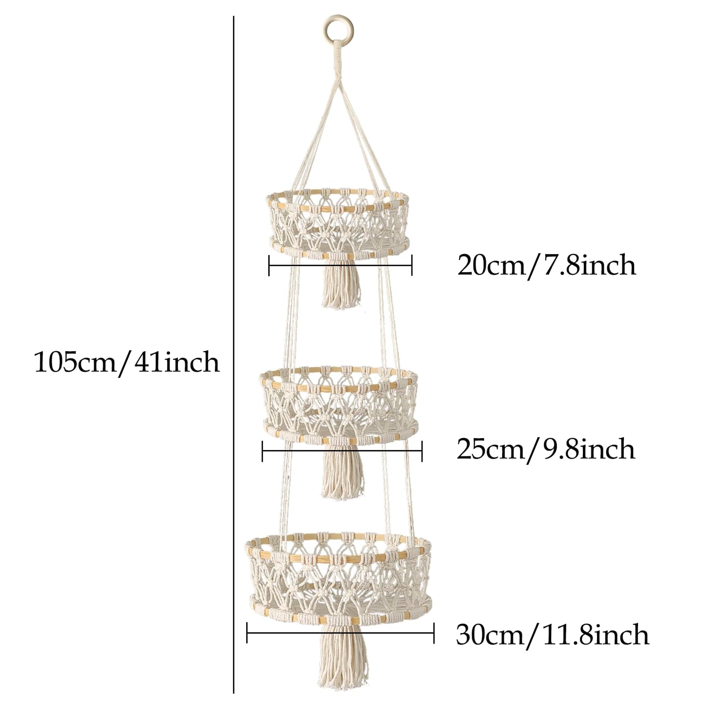MuuXii 3 Tier Hanging Fruit Basket, Macrame Hanging Basket for Fruit and Vegetable Storage, Cotton Rope Woven Baskets, Boho Wall Baskets Organizing Hanging Plant Holder for Indoor Kitchen Decor