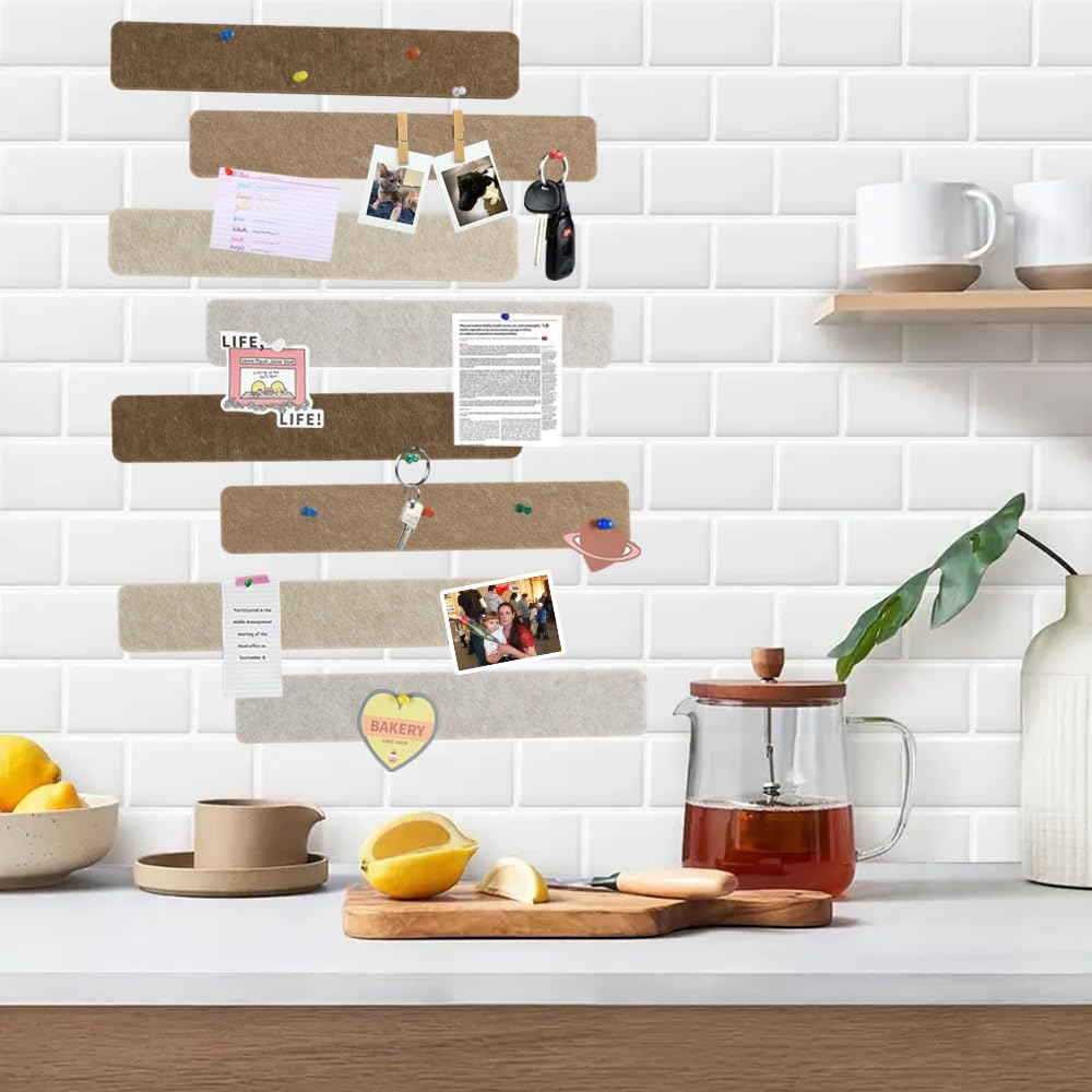 Vuzvuv 8 pcs Bulletin Board Bar Strips with 50 Pushpins & 10 Wooden Clip pins,Self Adhesive Cork Board for Wall,Felt Pin Board for School,Office Decor(Multi-Brown)