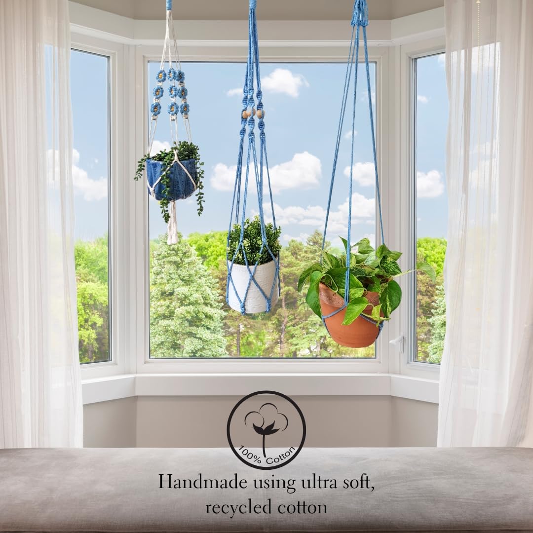 Set of 3 Macrame plant hangers with Daisies & Beads Hanging plant holder Macrame Plant hangers outdoor and indoor hanging planters Plant stand indoor Boho Decor hanging planter stand (Cloudy Day)