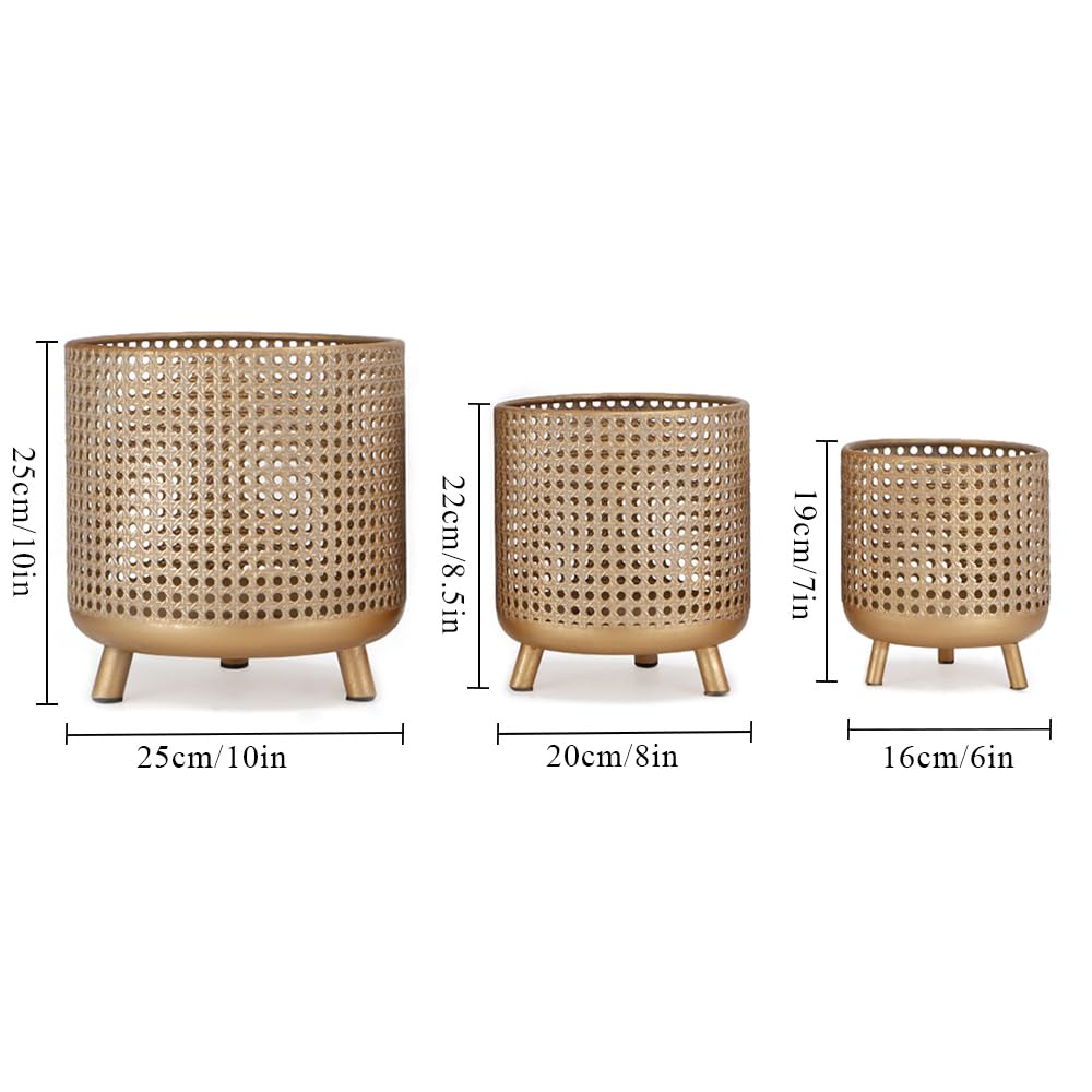 JHY DESIGN Set of 3 Plant Pots 10/8.5/7''H Metal Decoration Flower Pots with Hollow Design Large planters for Indoor & Outdoor Garden Home Balcony Railing Fence Plants(Gold)
