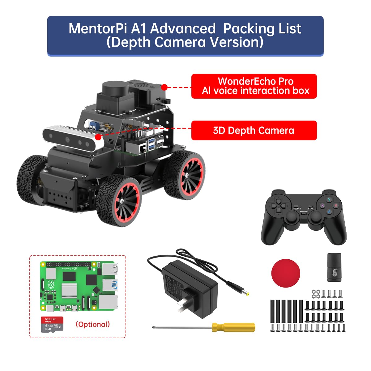 HIWONDER Robot Car with ChatGPT Large AI Models, 3D Depth Camera Ackermann Chassis ROS2-HUMBLE Lidar SLAM Mapping Navigation Autonomous Driving, MentorPi A1 Advanced Kit Without Raspberry Pi