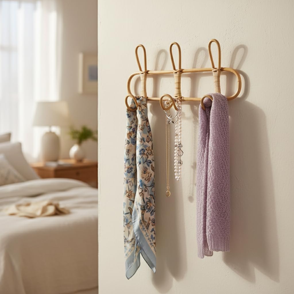 KH866 Boho Rattan Wall Hooks – Handmade Wall Mount Coat & Towel Rack, Natural Beige Hanging Organizer for Clothes, Hats, Towels, and Bags, Perfect for Entryway, Bedroom, Living Room (15.7x7.9 Inch)