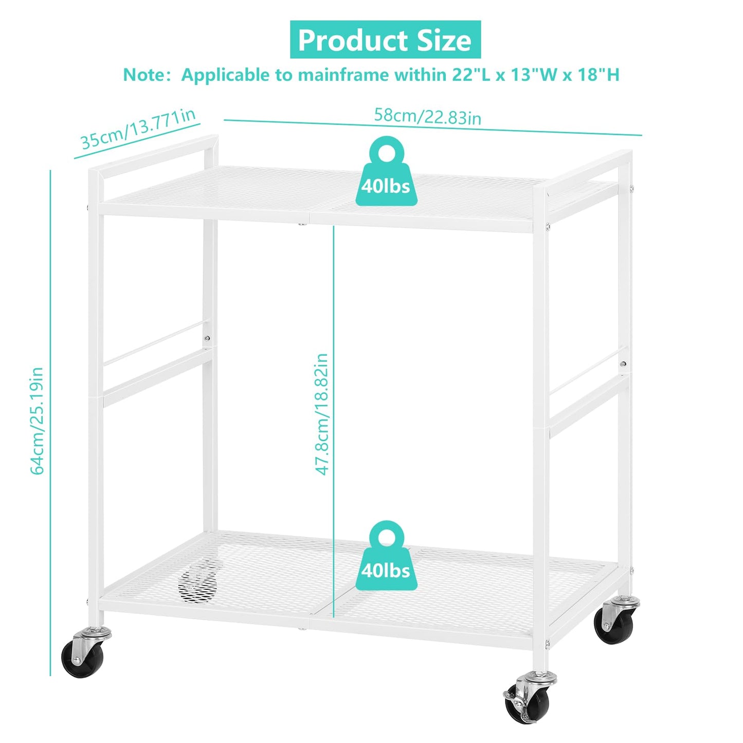 YBING Computer Tower Stand White PC Tower Stand 2 Tier CPU Holder with Wheels Metal Mobile Computer Tower Cart Rolling PC Cart Floor for Fax Home Office