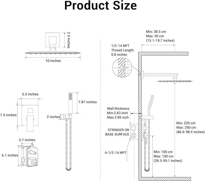 10" Square Rain Shower Faucet Set, Wall Mount, Brush Gold | 304 SS , air tech boosts pressure 50%, dual spray, anti-fingerprint