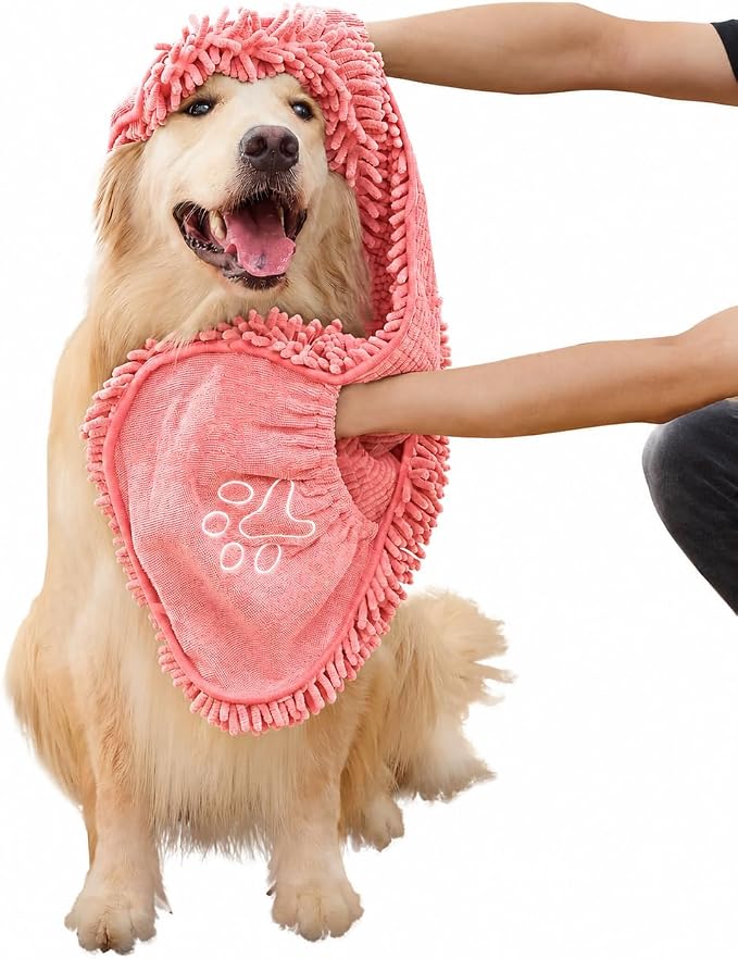 Super Absorbent Microfiber Dog Towel – Large Quick Dry Pet Bath Towel for Drying Dogs After Bathing, Swimming & Grooming – Puppy, Small & Large Dog Bath Supplies-Coffee (Pink)