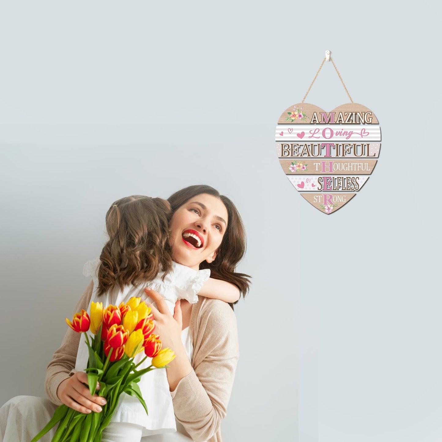 HOURIA Inspirational Mothers Day Decorations (12.2”x11), Heart-Shaped Amazing Mother's Day Wooden Sign for Front Door Wreath Home, Mom Birthday Gifts from Daughter Son