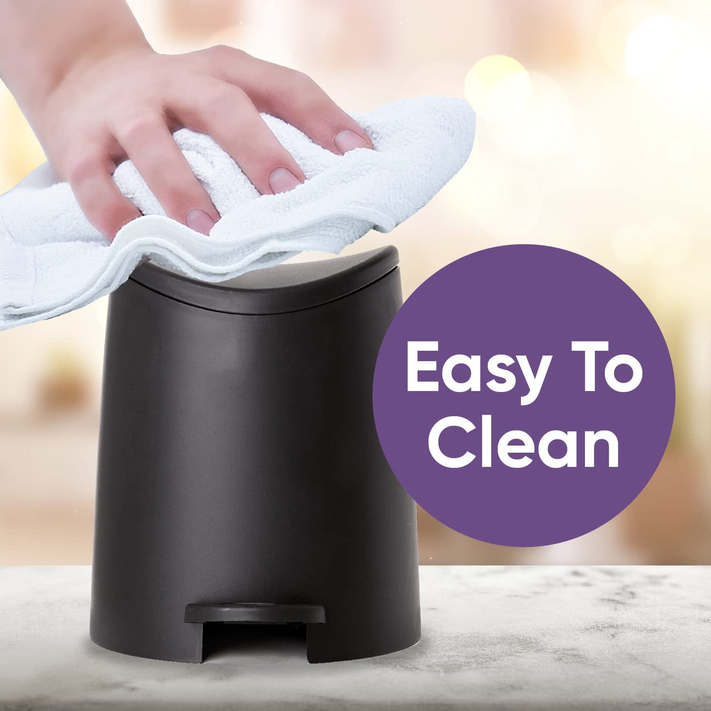 Superio MIni Plastic Bathroom Trash Can with Lid 3 Liter Black Modern Curved Step On Trash Can with Foot Pedal, Mini Kitchen Waste Bin, Durable and Soft Close for Bedroom, Office, Under Desk
