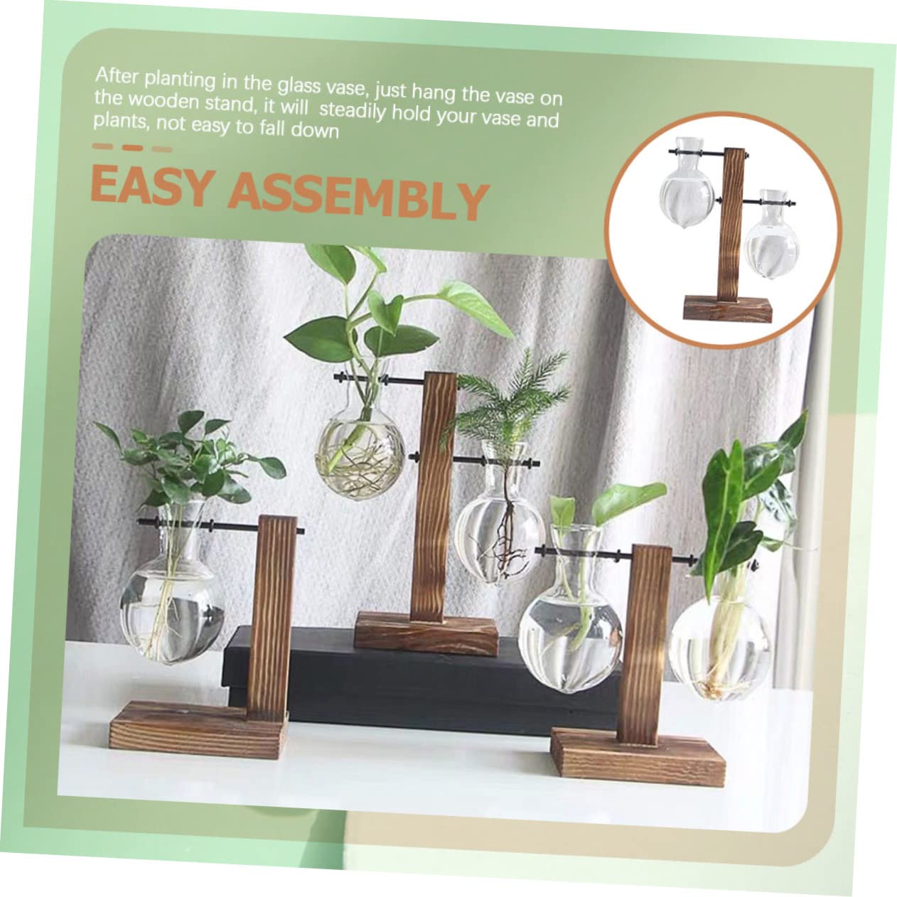 Hemoton 2pcs Hydroponic Glass Vase Wooden Base Stand Modern Plant Terrarium Tabletop Vase for Indoor Gardening Stylish