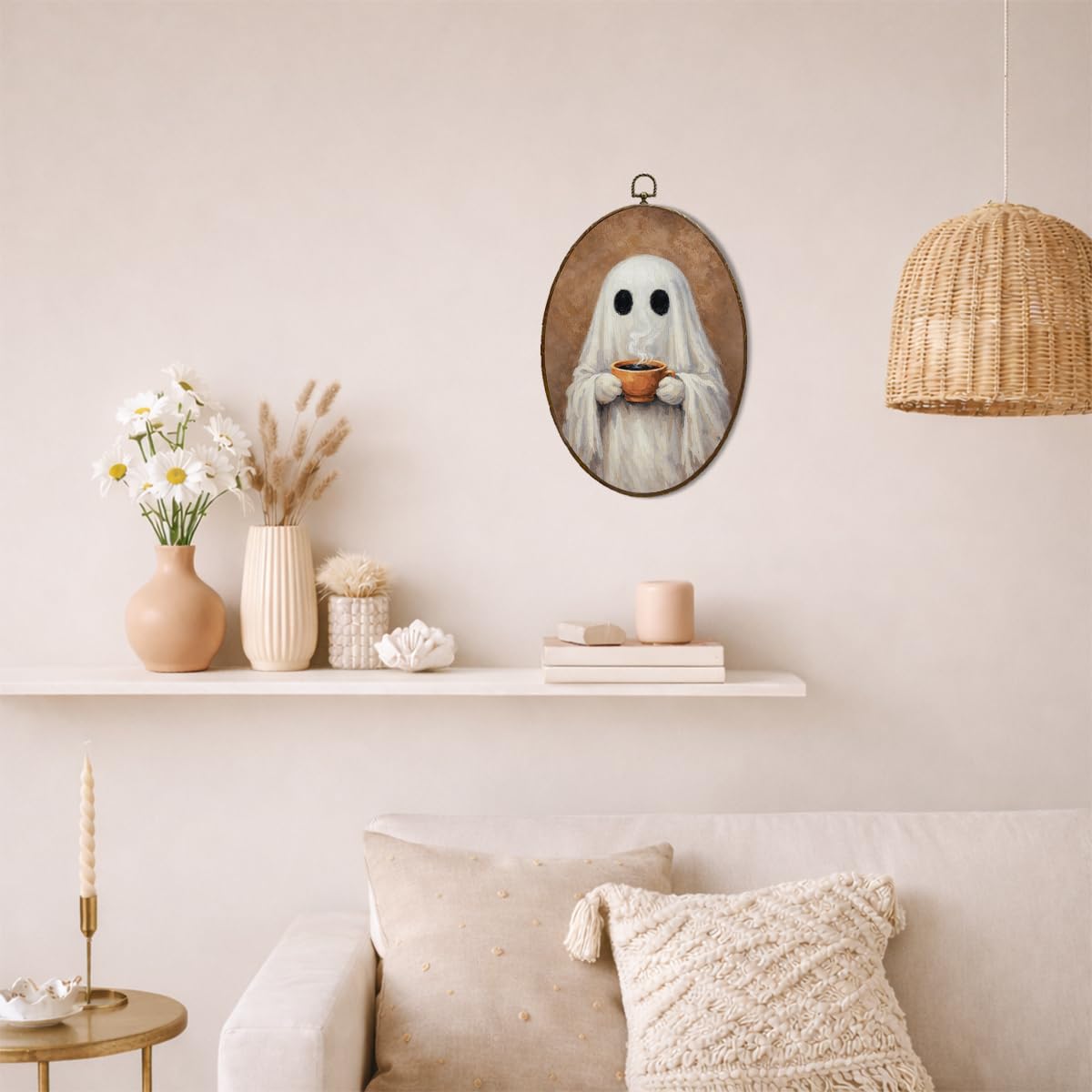 Ghost Drinking Coffee Cup Oval Wall Art, Cozy Spooky Decor for Kitchen Dining Room Living Room, Whimsical Decoration for Coffee Lovers 8.5×11.5 Inch