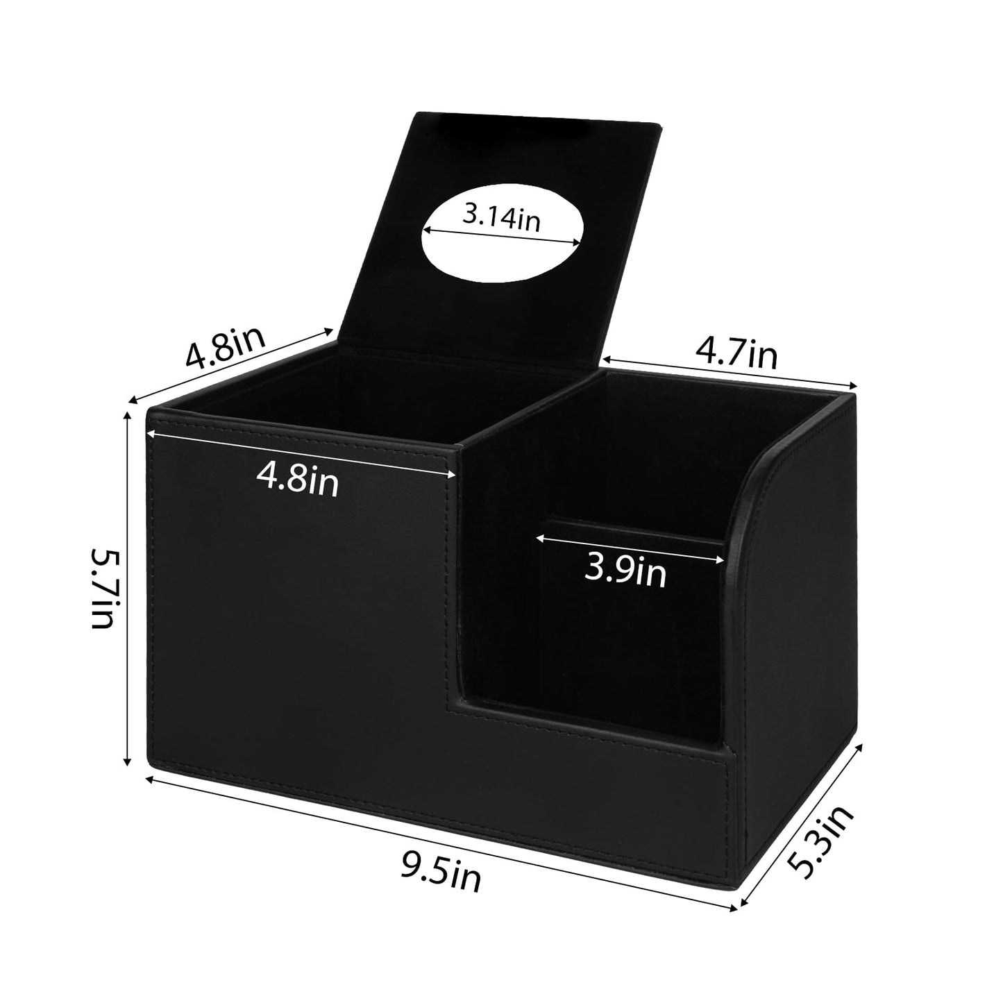 JLAMBOM PU Leather Tissue Box Cover with Remote Control Holder, Square Tissue Box Holder for Living Room Bathroom Office (Black)
