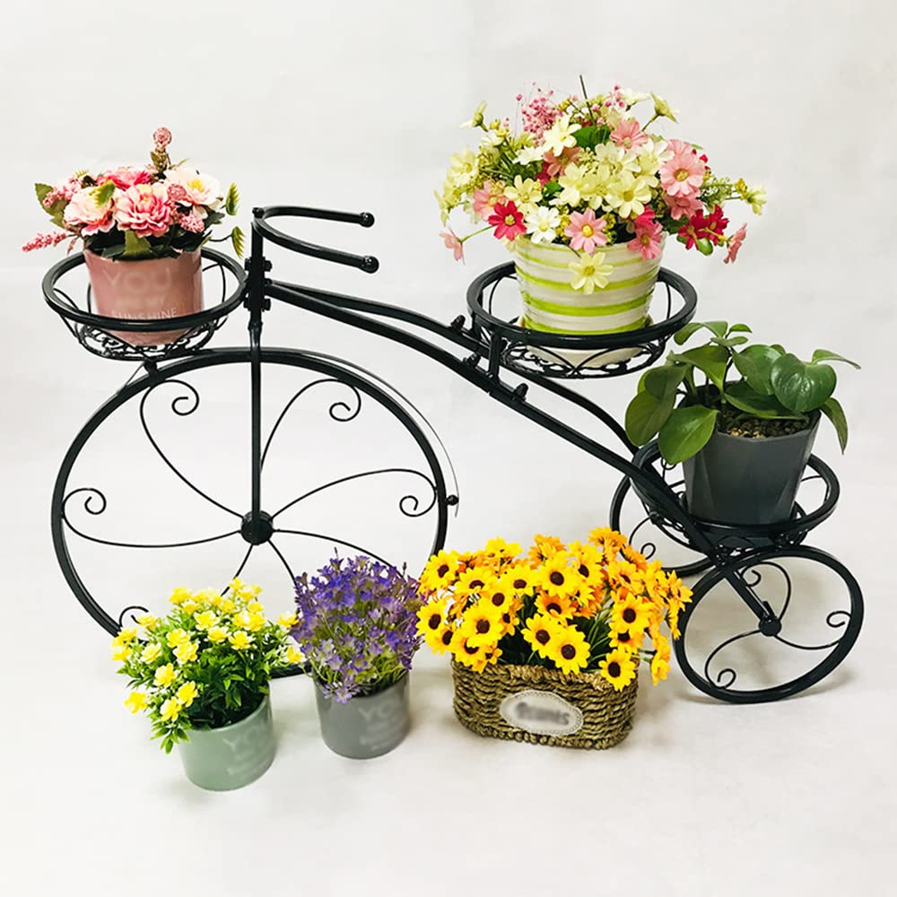 Iron Flower Plant Stand 3 Potted Bicycle Shape Garden Planters Rack Patio Metal Display Shelf Stand Indoor Outdoor (Black- Round) (20.1inh) (Black )