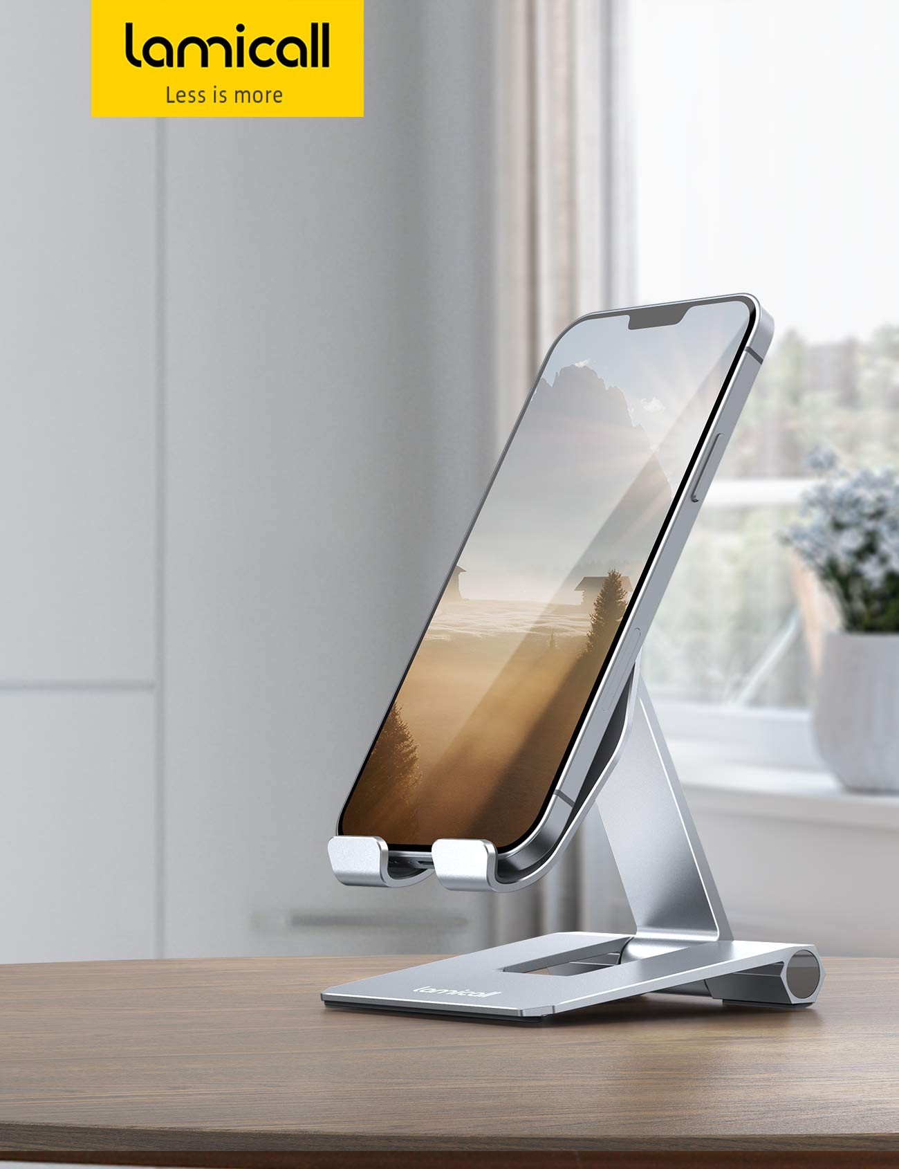 Lamicall Aluminum Metal Adjustable Cell Phone Stand Desk - Heavy Duty Metal Foldable Desktop Phone Holder, Cradle, Dock, for iPhone 16 15 14, Plus, Pro, Pro Max, 13 12 X XS,4-11'' Phone Sliver