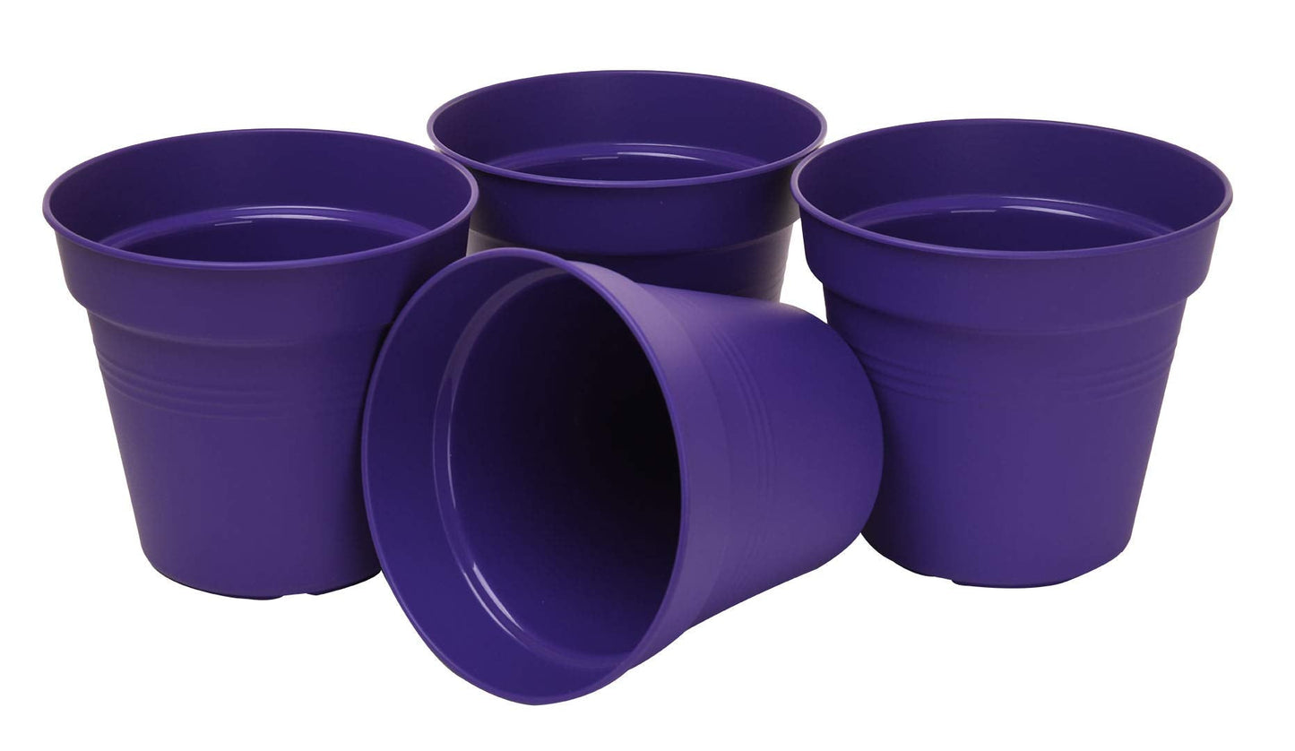 Mintra Garden Pots, 4 Pack Bulk Plastic Plant Pots with Drainage Tray, Round Indoor & Outdoor Decorative Planters with Drain Holes for Flowers, Herbs & Plants, 19cm Diameter – Purple, 7.5 in