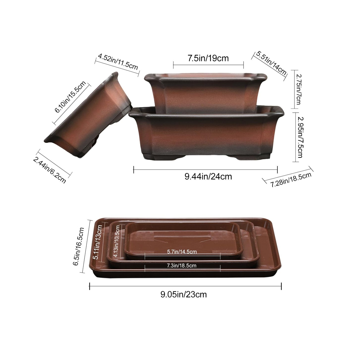 KyoYi Bonsai Pots with Drainage Tray - Set of 3-10/8/6 Inch Ceramic Rectangle Planters with Classic Retro Design - Indoor-Outdoor Plant Pots for Home & Office Table Top Decor, Gifts, Brown
