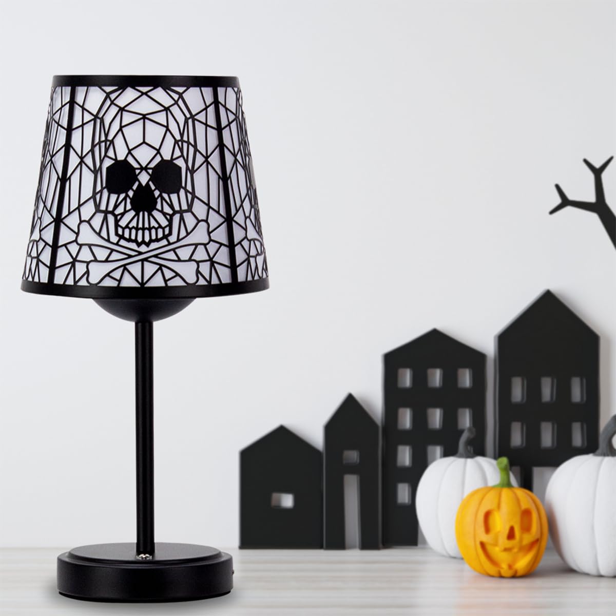Skull and Crossbones Table Lamps, Black Base with Decorative Shade, 3-level brightness touch Halloween Gothic style table lamp, suitable for/bar/restaurant/bedroom/decorative lighting, 2 packs. 