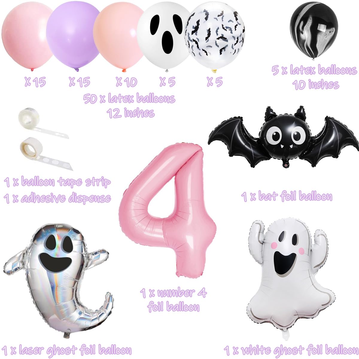 Four Ever Spooky Halloween Birthday Party Pack Four Ever Spooky Banner Cake Topper Ghost Bat Balloons for Girls' Pink and Purle Halloween 4th Birthday Party Decorations