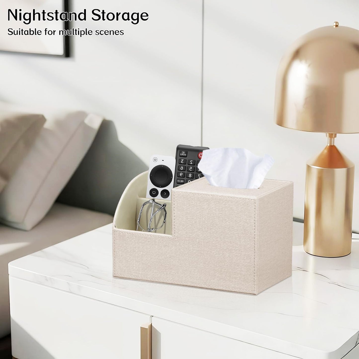 Fanousy Square Tissue Box Cover with Storage, PU Leather Cube Tissue Box Holder, Remote Control Nightstand Organizer, Modern Desk Caddy for End Table, Bathroom, Bedroom, Home, Office Decor