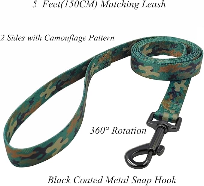 Dog Collar Leash Set, Camouflage Pattern, Polyester Material, Adjustable Collar and 5ft Matching Leash, for Small Dogs.(S, Green Camo)