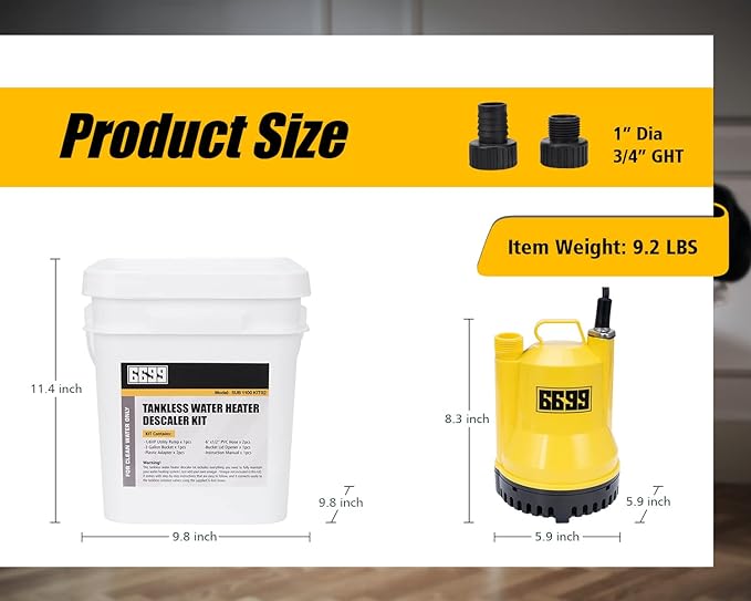 Tankless Water Heater Flushing Kit Includes 1/6HP Submersible Sump Pump with Two Adapters & 3 Gallons Pail with Bucket Lid Opener & Two 1/2” Dia X 6’ PVC Hoses with Washers