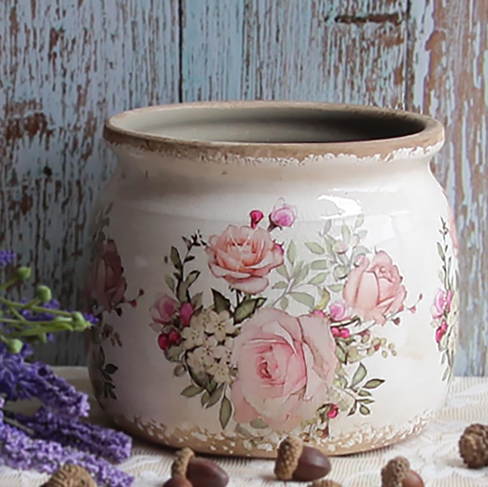 Xiaan Jiaju Ceramic Planter for Indoor Plants, 6.29 Inch Rose Pattern Crackle Glaze Flower Pot with Drainage Hole, Orchid Succulent Pots, European Farmhouse Bedroom Balcony Decor Gift, Pink