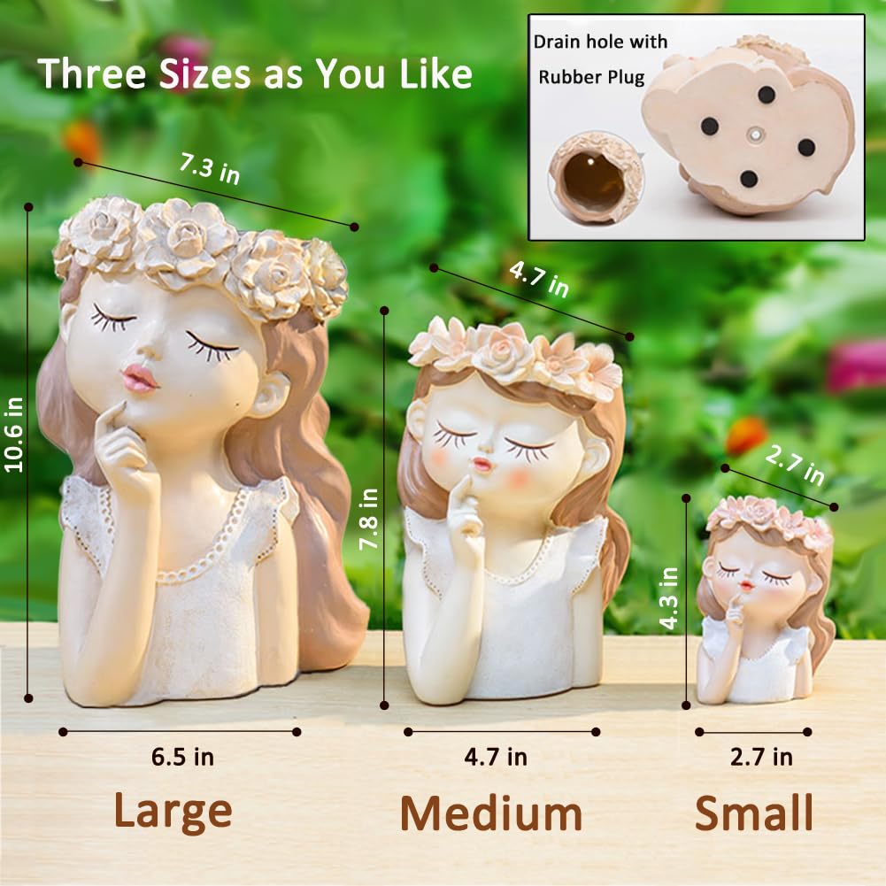 Snowy sunday Adorable Girl face Planter 2 Packs (Tranquility) Succulent Pot with Drainage Hole Tall Lady Head Planter Farmhouse Resin Flower Pot Decorative vase for Indoor and Outdoor Plants Gifts