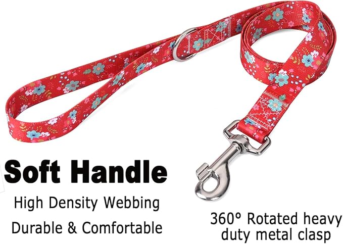 Mihqy Dog Collar and Leash Set with Bohemia Floral Tribal Geometric Patterns - Soft Ethnic Style Collar Adjustable for Small Medium Large Dogs(Red Floral Set,L)