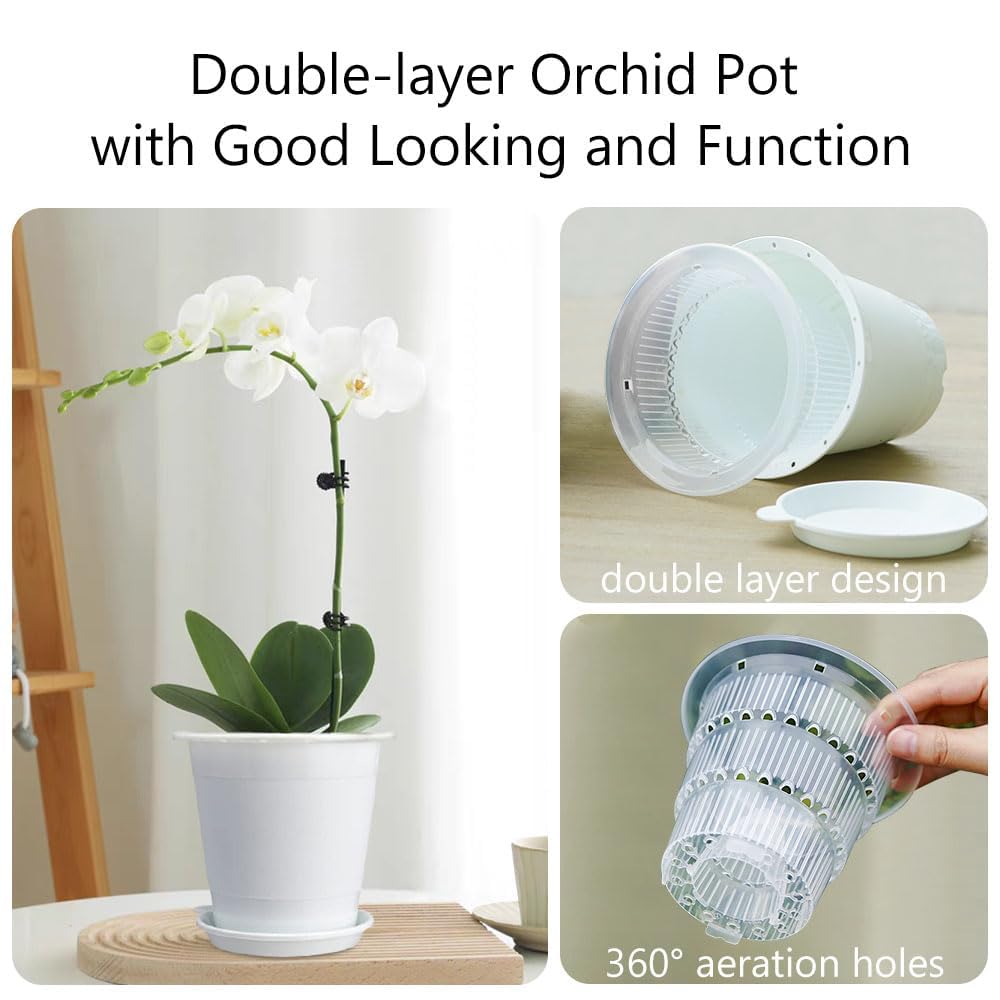 Meshpot 2Pcs 4 inch Clear Orchid Pots with Holes Match White Plastic Orchid Planter & 5 inch White Decorative Orchid Pot