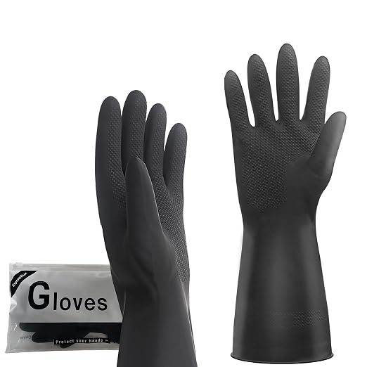Heavy-Duty Thick Black Rubber Cleaning Gloves, 3 Pairs, XL | Reusable & waterproof black/orange dual layers. Non-slip design for dishwashing, kitchen cleaning, and auto care.
