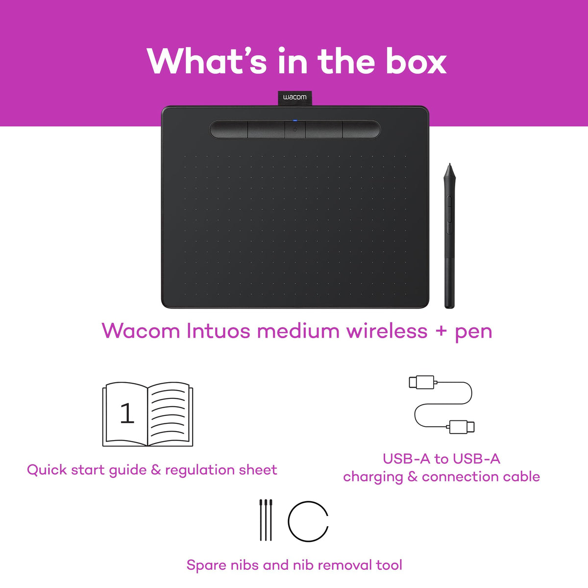 Wacom Intuos Medium Bluetooth Graphics Drawing Tablet, Portable for Teachers, Students and Creators, 4 Customizable ExpressKeys, Compatible with Chromebook Mac OS Android and Windows - Black