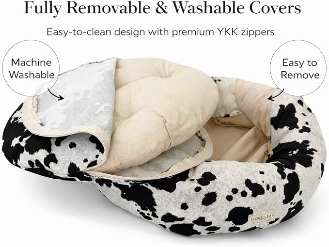 Organic Cotton Canvas Dog Bed: Removable Cover, Natural Fill - Made in USA (Cow Print Black White, X Small 18" x 6" inches)