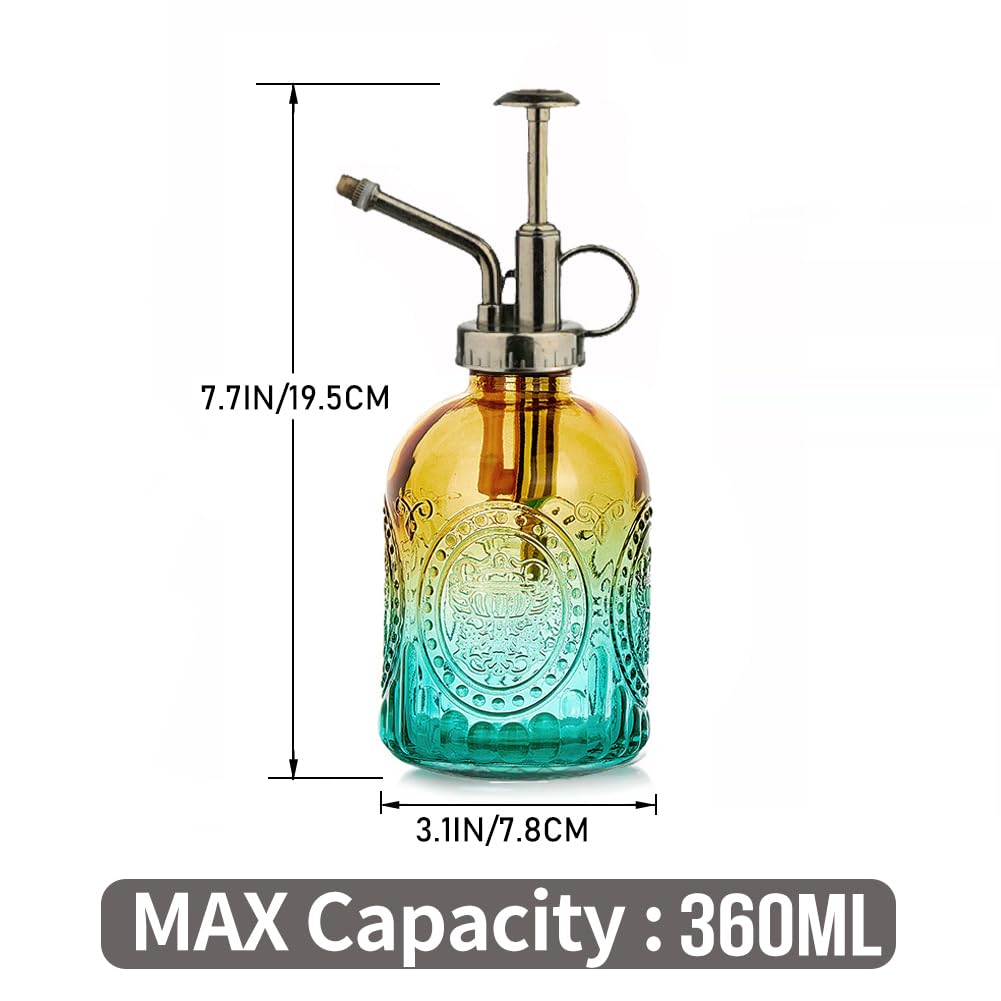 35 oz/1000 ml Metal Indoor Small Watering Can with Long Spout for House Plants Decorative, 12 oz/360 ml Glass Plant Mister Spray Bottle for Bonsai Garden Flowers(Green)