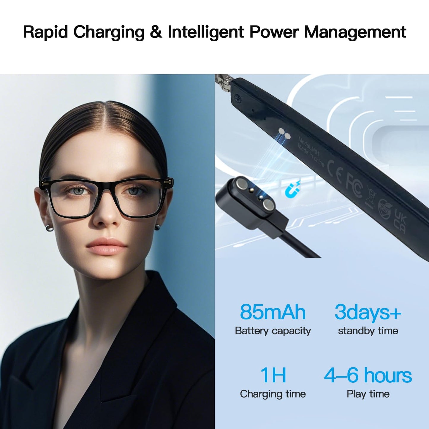 Bluetooth Audio Smart Glasses, Blue Light Glasses for Women Men, Remote Shooting, Open Ear Sound Mic & Speakers, Magnetic Charging, Color-Changing Polarized Sunglasses Lenses, Voice Assistant(GS06S)