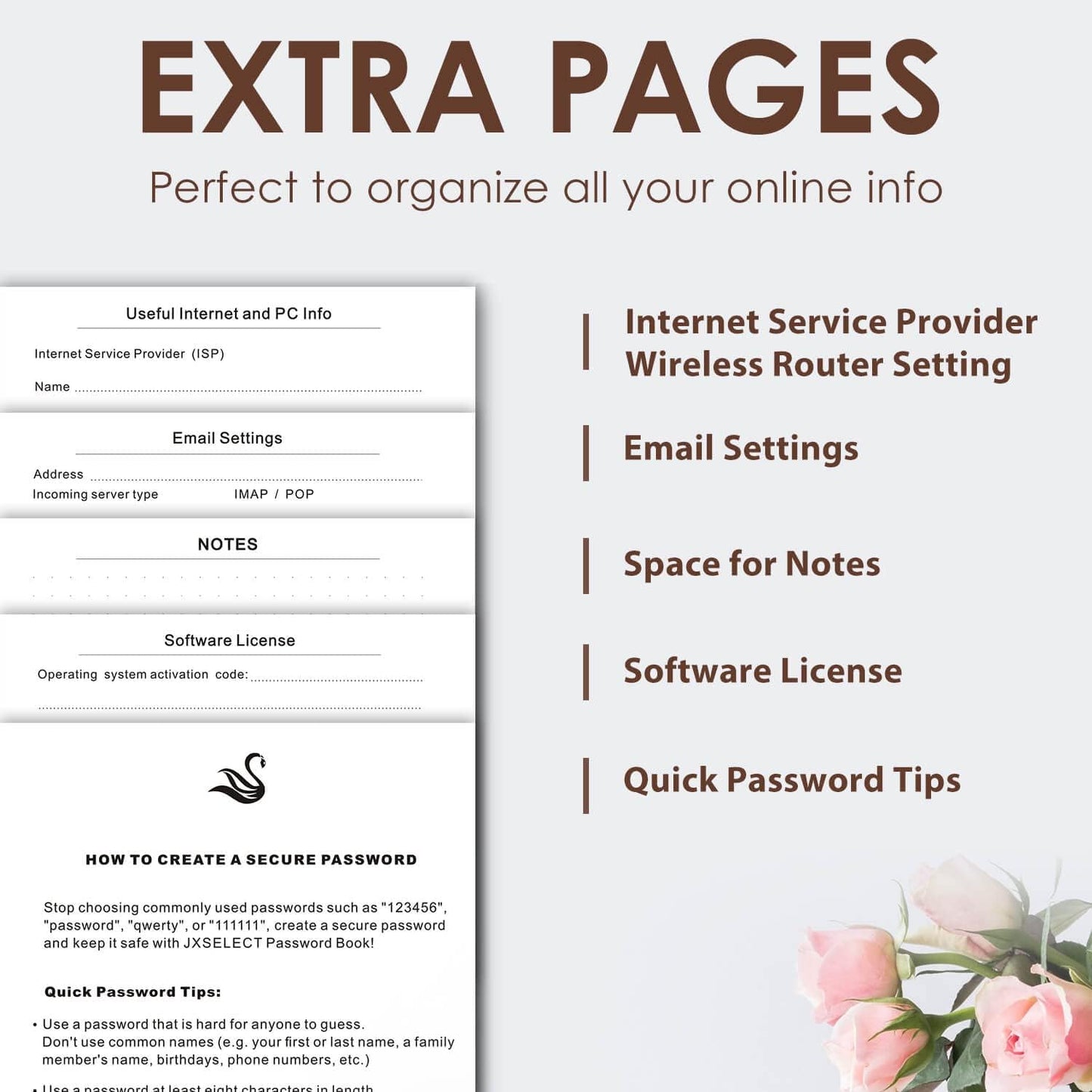Elegant Password Book with Alphabetical Tabs - Hardcover Password Book for Internet Website Address Login - 7" x 10" Password Keeper and Organizer w/Notes Section & Back Pocket(Brown)
