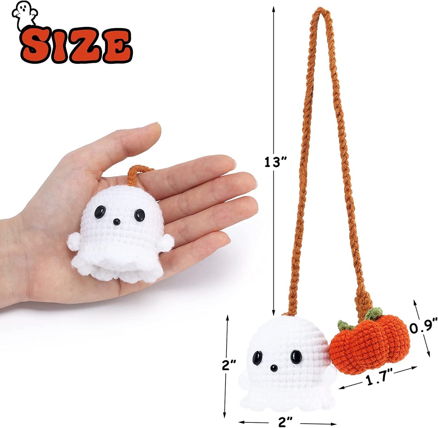 Halloween Car Ornament Crochet Pumpkin and Ghost Car Pendant for Car Mirror Upholstery Accessories, Hand Knitted Mirror Charm (2)