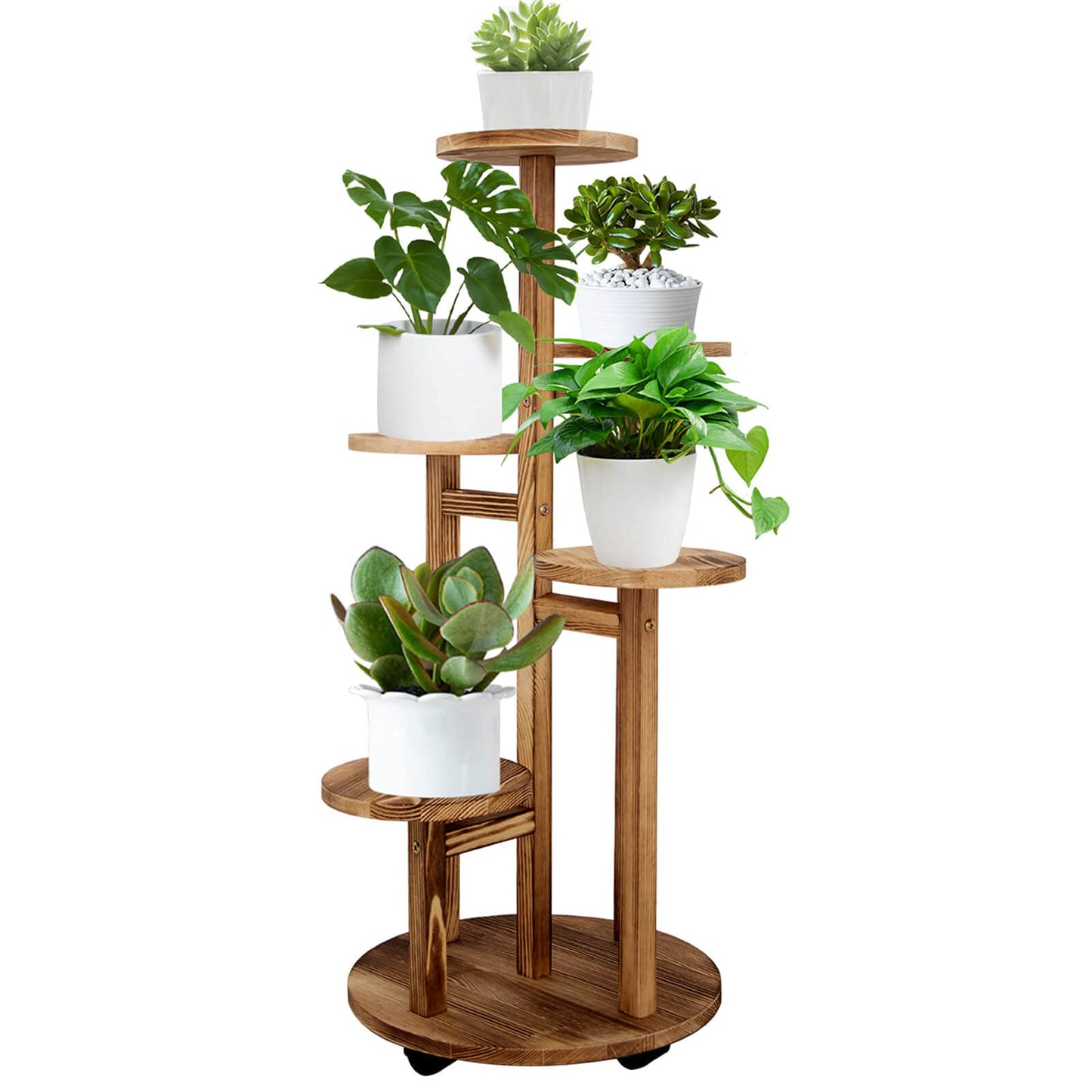 GEEBOBO 5 Tiered Tall Plant Stand for Indoor, Wood Plant Shelf Corner Display Rack, Multi-tier Planter Pot Holder Flower Stand for Living Room Balcony Garden Patio (Brown)