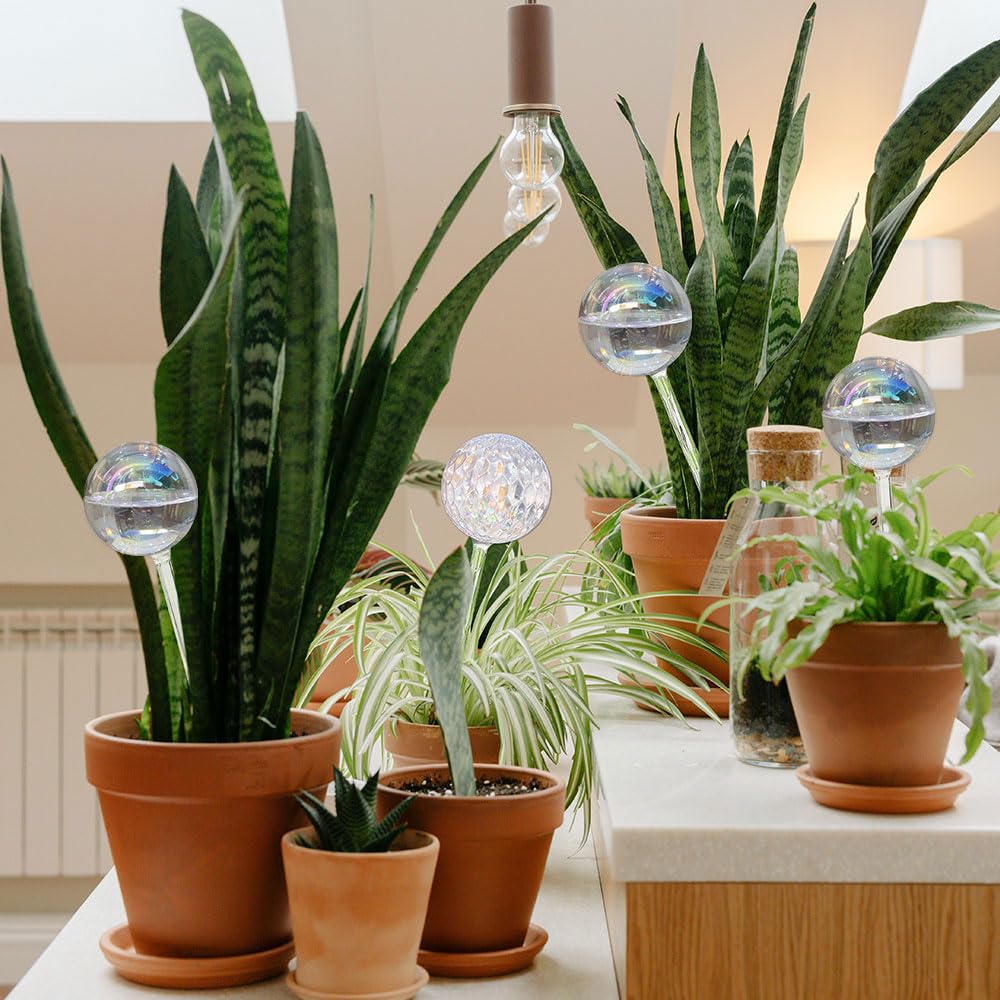 Vividaire Glass Plant Watering Globes, Water Plants While Away Slow Self Watering Planter Insert Bulbs for Outdoor Indoor Plants, Vacation Plant Watering System Devices (Iridescent Medium 2-Pack)