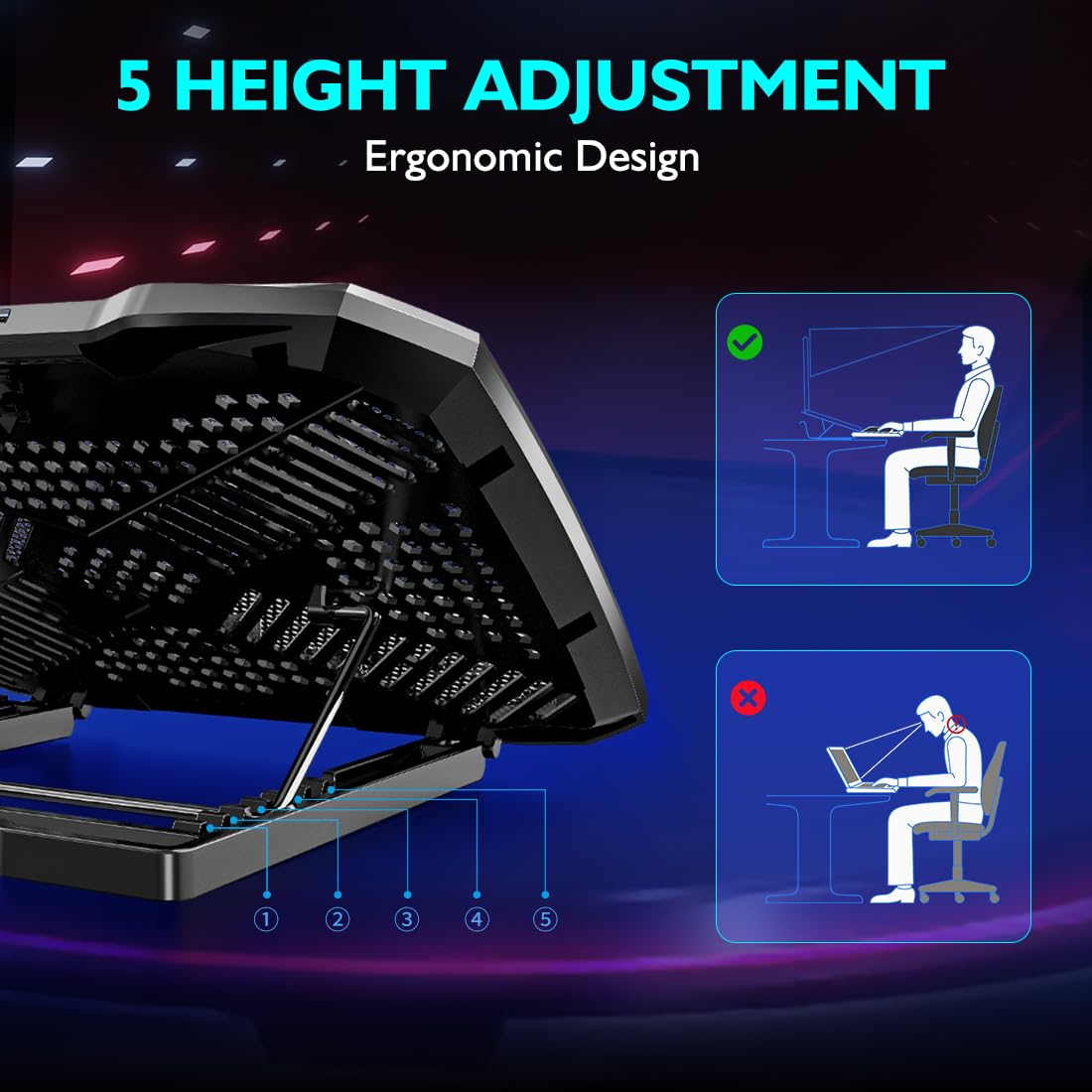 AIMIUZI Laptop Cooling Pad Laptop Cooler Stand, Laptop Fan Cooling Pad for 12-15.6 Inch Laptop Notebooks, 5 Quiet Fans, 5 Angle Adjustable Laptop Cooling Stand (Black)