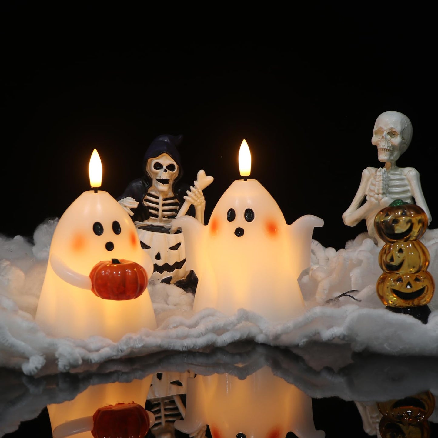 Eldnacele Spooky Ghost Halloween Flameless Candles with Timer Set of 2 Battery Operated LED Pillar Candles Ghost Light Real Wax 3D Wick Flickering Long Lasting Home Indoor Decor(3.5" D x5 H)